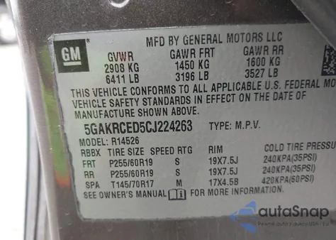 2012 Buick Enclave Leather from USA, damaged, VIN 5GAKRCED5CJ224263